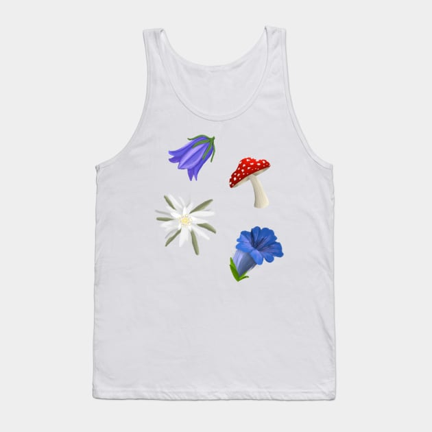 Alpine blooms - edelweiss, gentian, bellflower, fly agaric mushroom Tank Top by FernheartDesign